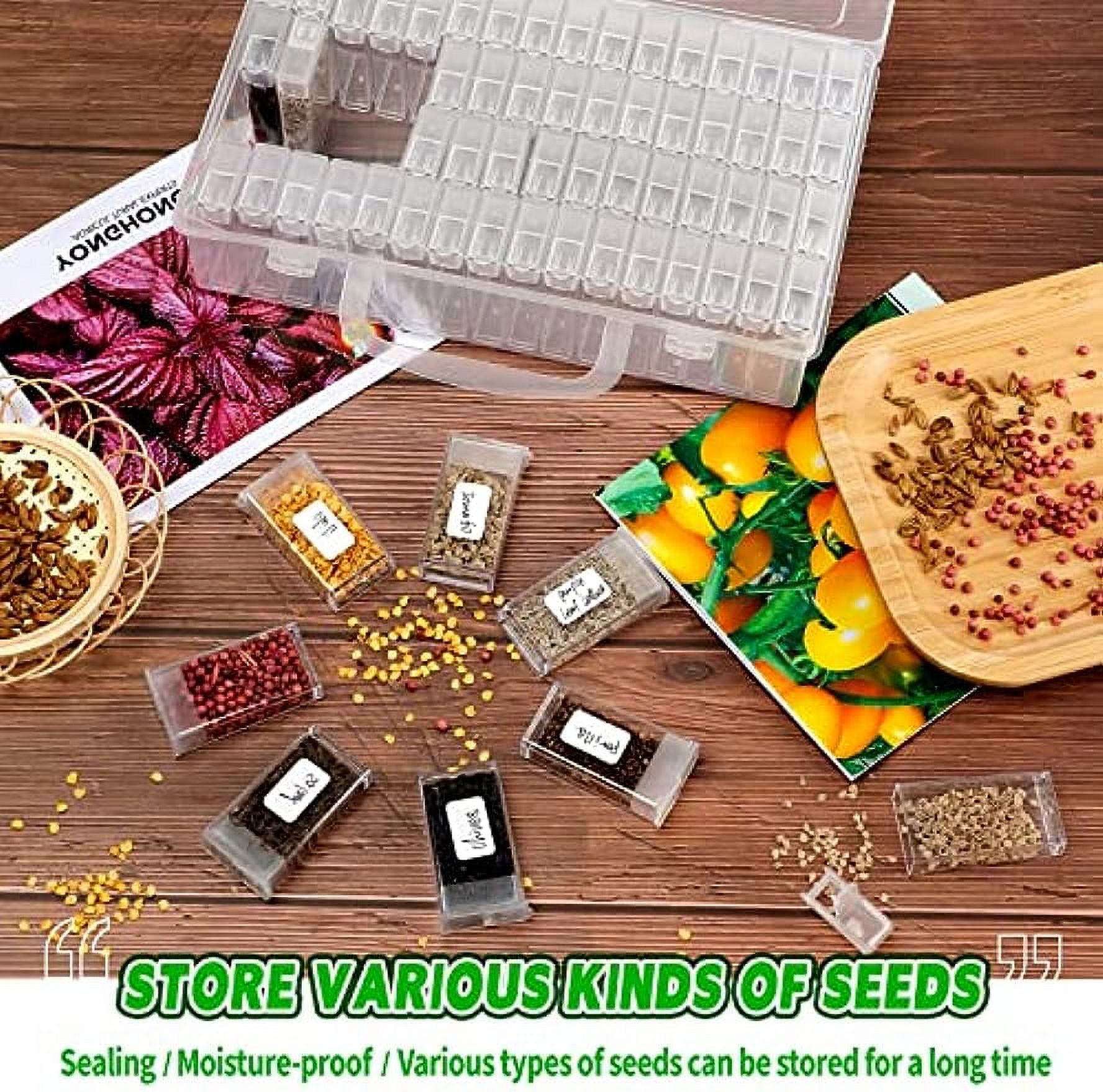 64 Slots Plastic Seed Storage Box Organizer with Label Stickers(seeds not  included), Seed Container Storage use for Flower Seeds,Vegetable Seeds,  Clover Seeds, Basil Seeds, Tomato Seeds 